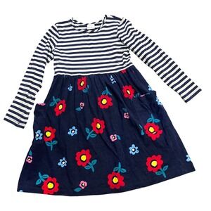 Hanna Andersson Girls Striped Floral Dress Size 130cm US 8 Navy Blue Long Sleeve